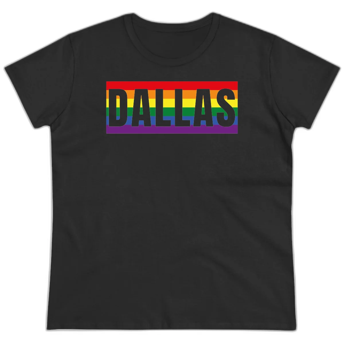 Gray DALLAS text overlaid on rainbow pride flag with red, orange, yellow, green, blue, and purple horizontal stripes in Black