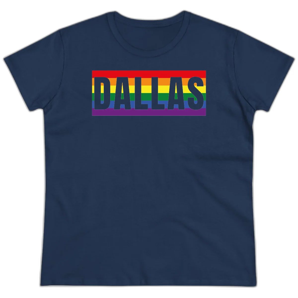 Gray DALLAS text overlaid on rainbow pride flag with red, orange, yellow, green, blue, and purple horizontal stripes in Navy