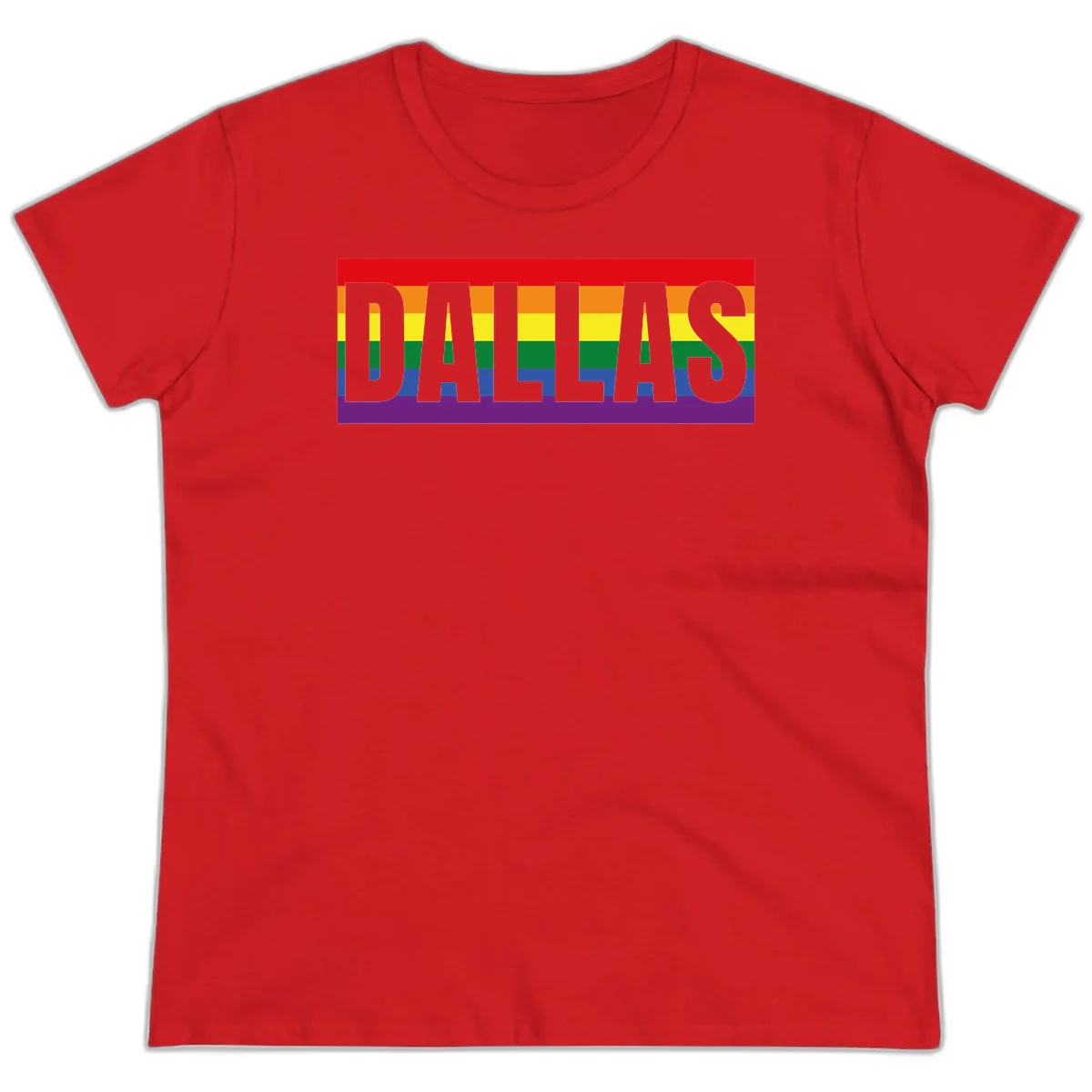 Gray DALLAS text overlaid on rainbow pride flag with red, orange, yellow, green, blue, and purple horizontal stripes in Red