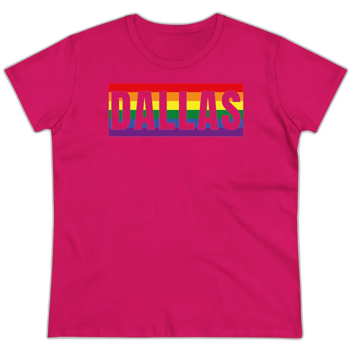 Gray DALLAS text overlaid on rainbow pride flag with red, orange, yellow, green, blue, and purple horizontal stripes in Heliconia