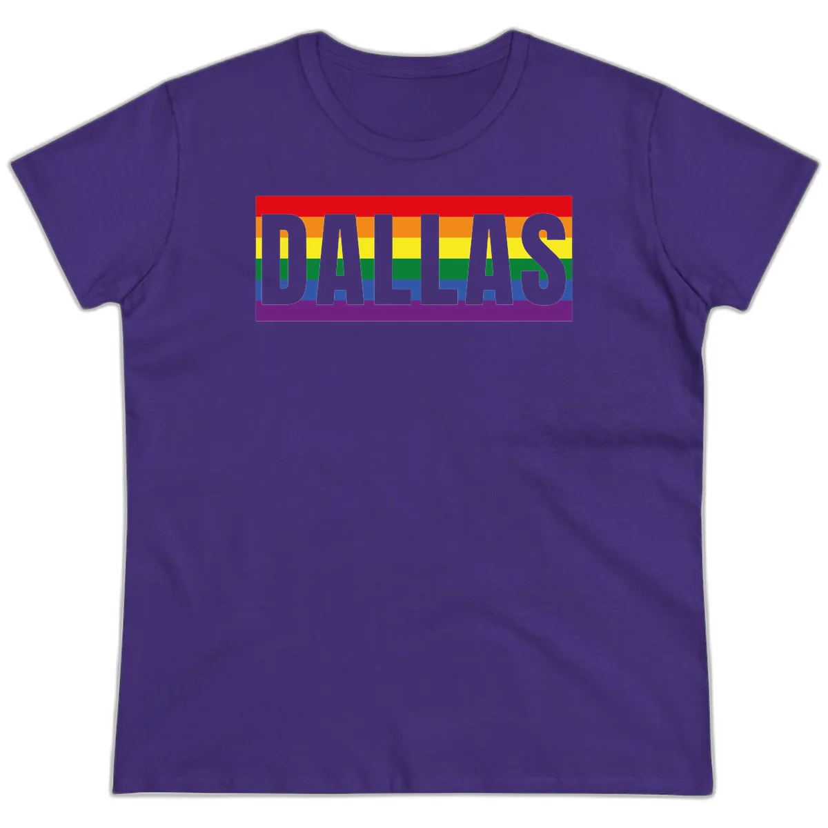Gray DALLAS text overlaid on rainbow pride flag with red, orange, yellow, green, blue, and purple horizontal stripes in Purple