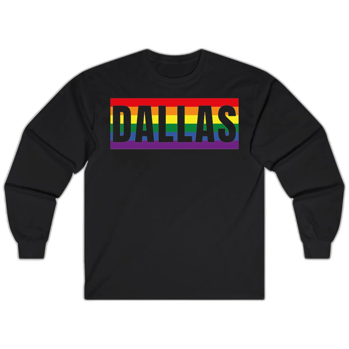 Gray DALLAS text overlaid on rainbow pride flag with red, orange, yellow, green, blue, and purple horizontal stripes in Black