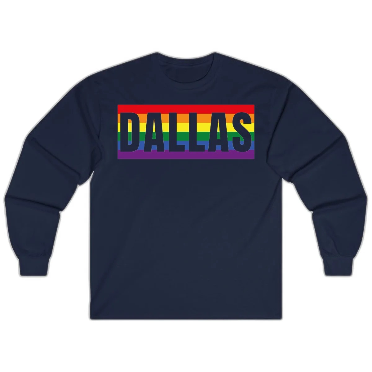 Gray DALLAS text overlaid on rainbow pride flag with red, orange, yellow, green, blue, and purple horizontal stripes in Navy