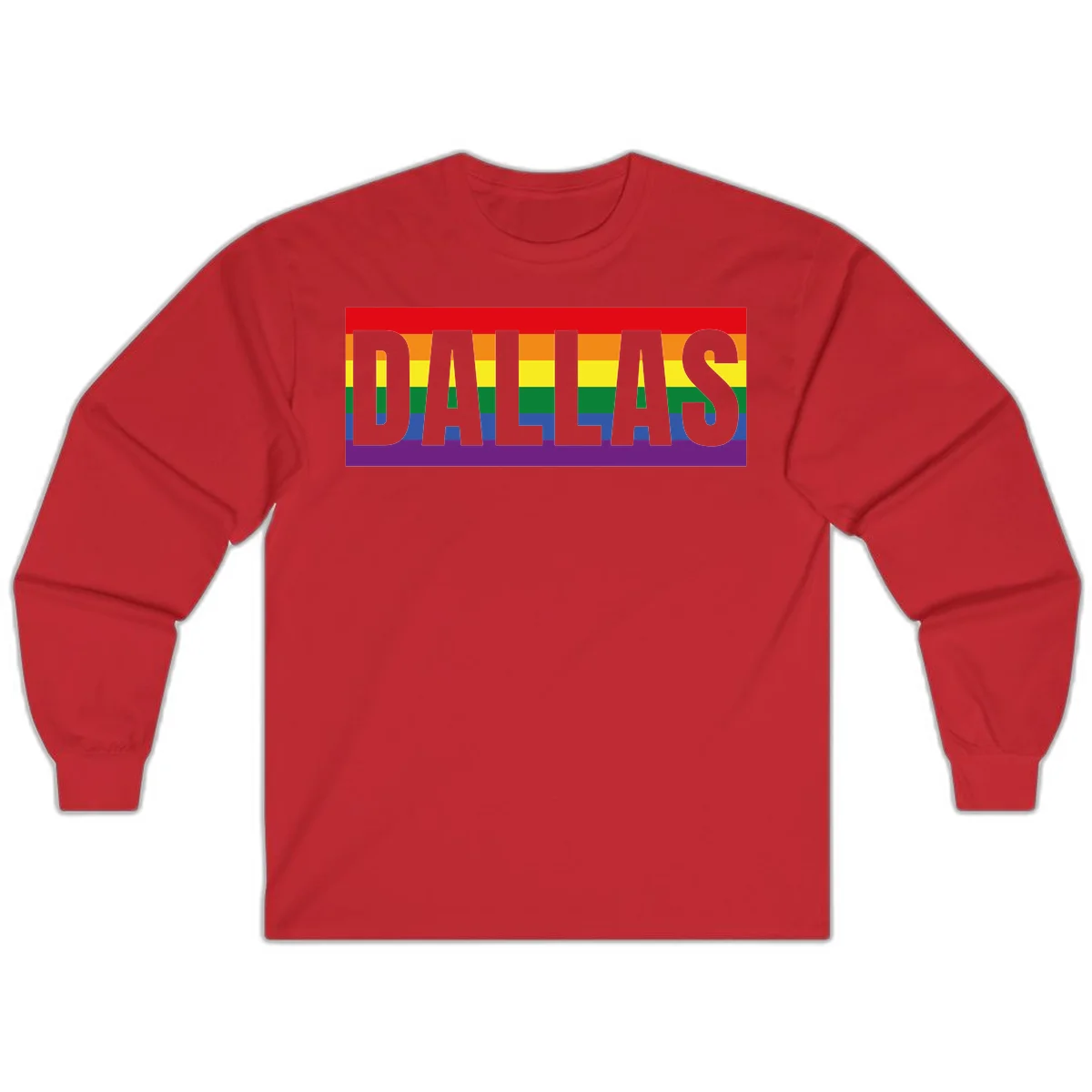 Gray DALLAS text overlaid on rainbow pride flag with red, orange, yellow, green, blue, and purple horizontal stripes in Red