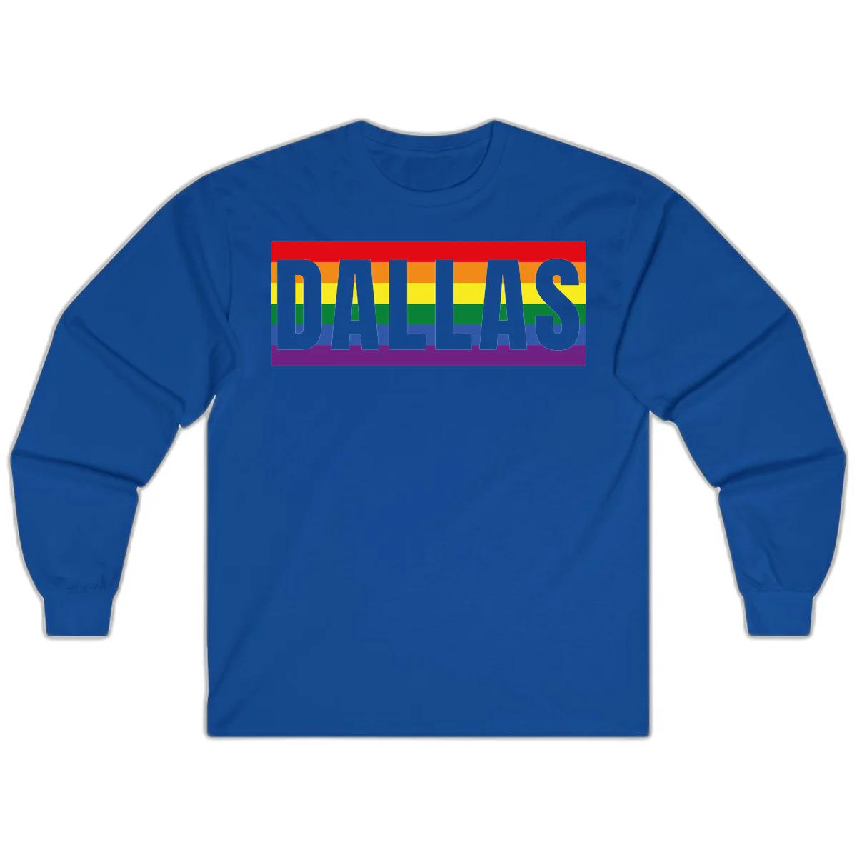 Gray DALLAS text overlaid on rainbow pride flag with red, orange, yellow, green, blue, and purple horizontal stripes in Royal