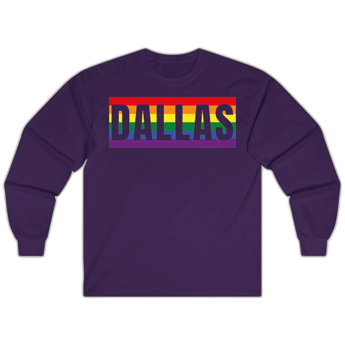 Gray DALLAS text overlaid on rainbow pride flag with red, orange, yellow, green, blue, and purple horizontal stripes in Purple