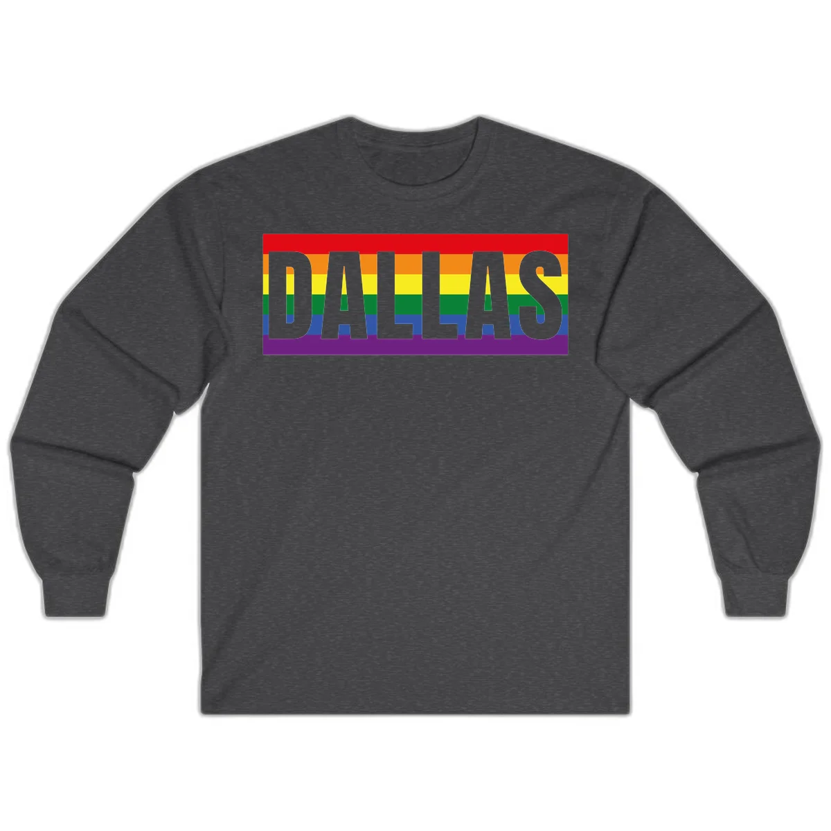 Gray DALLAS text overlaid on rainbow pride flag with red, orange, yellow, green, blue, and purple horizontal stripes in Dark Heather