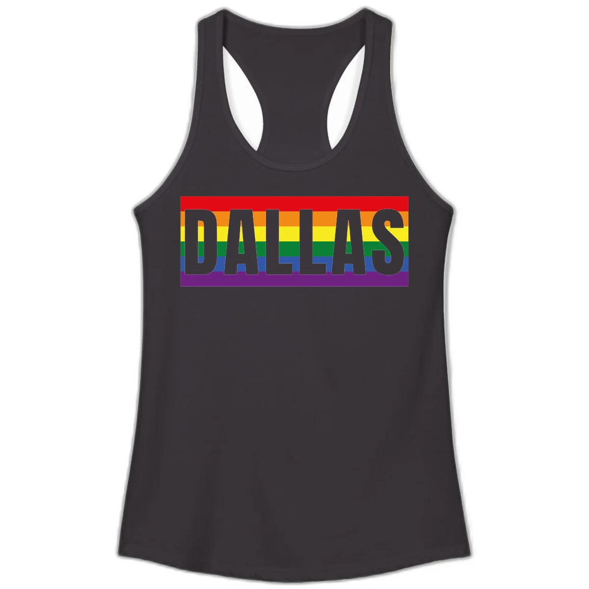 Gray DALLAS text overlaid on rainbow pride flag with red, orange, yellow, green, blue, and purple horizontal stripes in Black