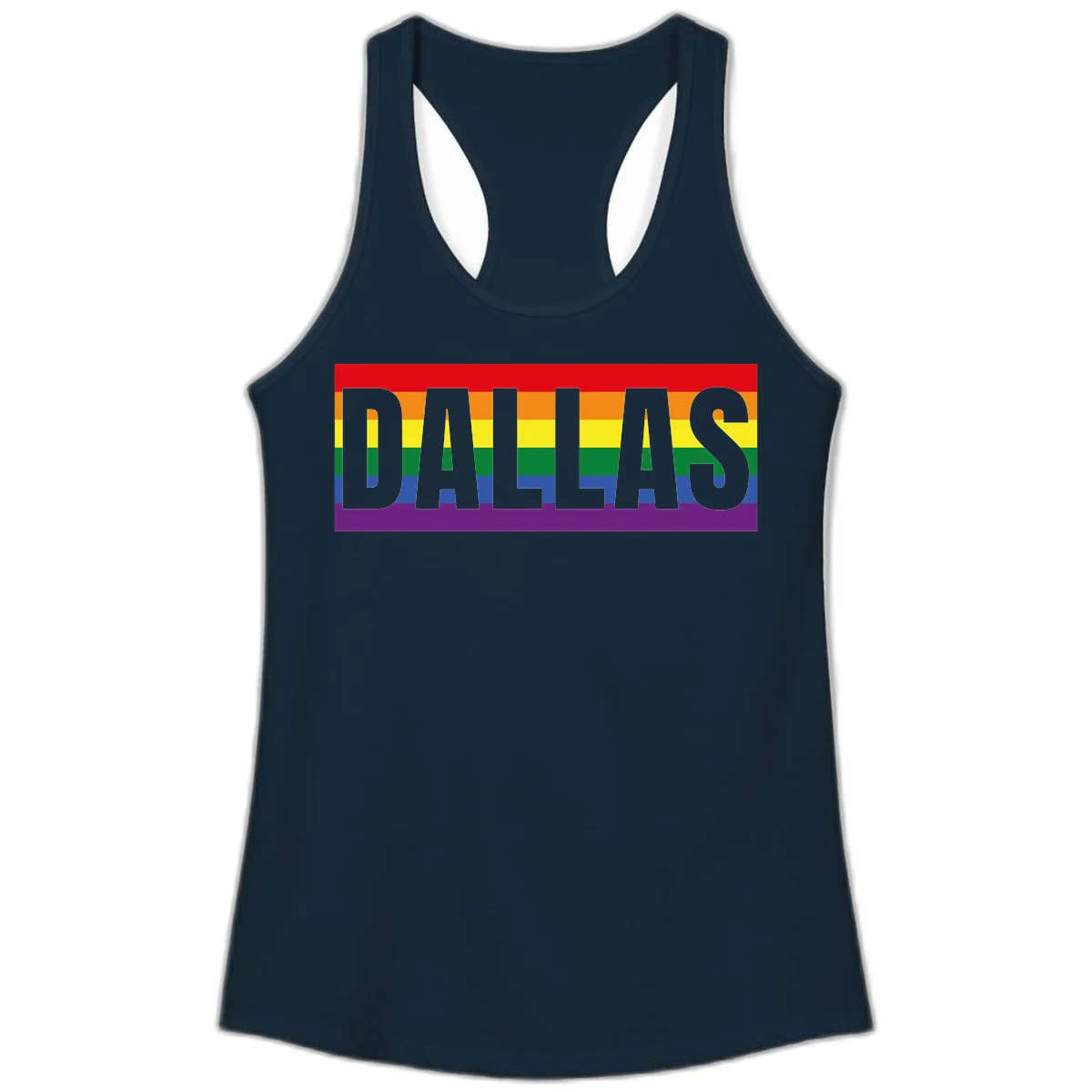 Gray DALLAS text overlaid on rainbow pride flag with red, orange, yellow, green, blue, and purple horizontal stripes in Solid Midnight Navy