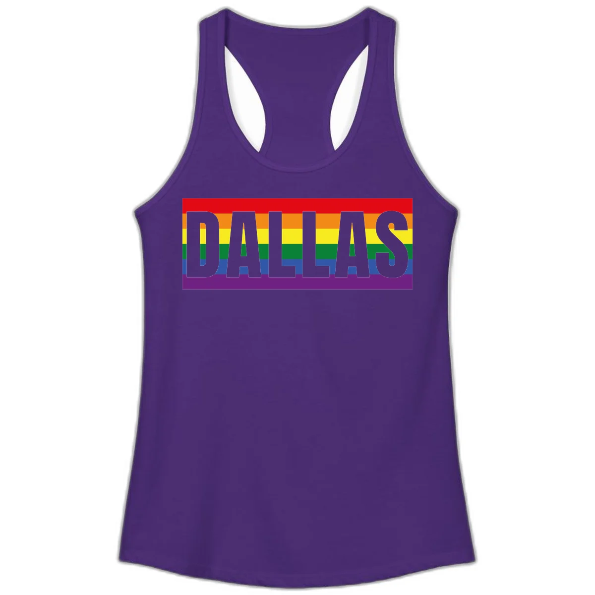 Gray DALLAS text overlaid on rainbow pride flag with red, orange, yellow, green, blue, and purple horizontal stripes in Solid Purple Rush