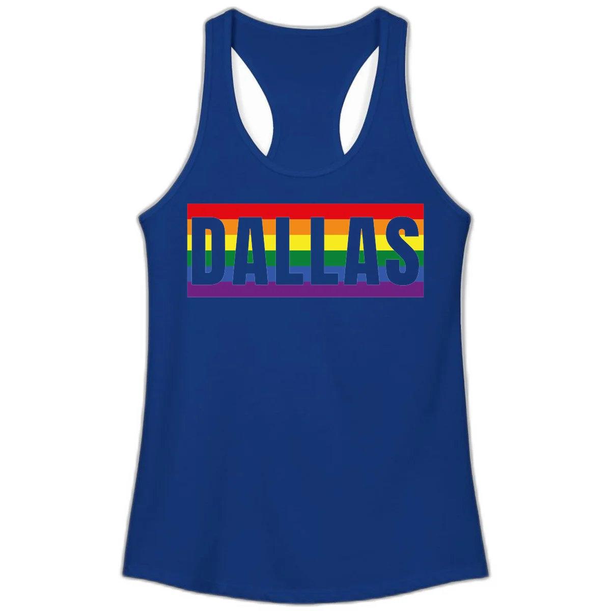 Gray DALLAS text overlaid on rainbow pride flag with red, orange, yellow, green, blue, and purple horizontal stripes in Solid Royal