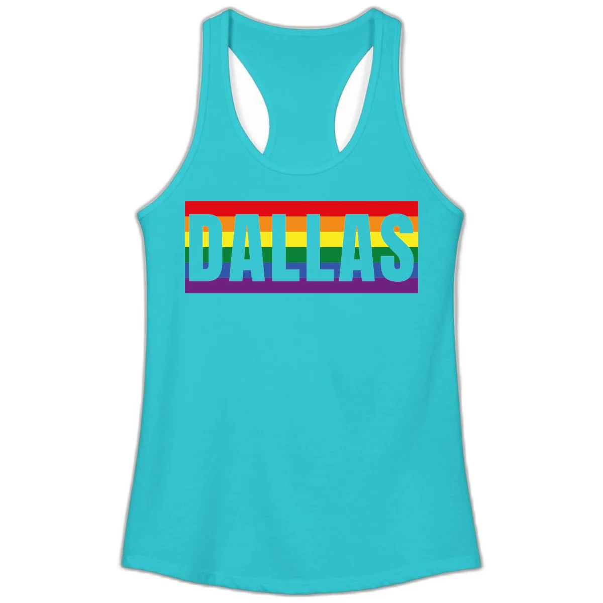 Gray DALLAS text overlaid on rainbow pride flag with red, orange, yellow, green, blue, and purple horizontal stripes in Solid Tahiti Blue