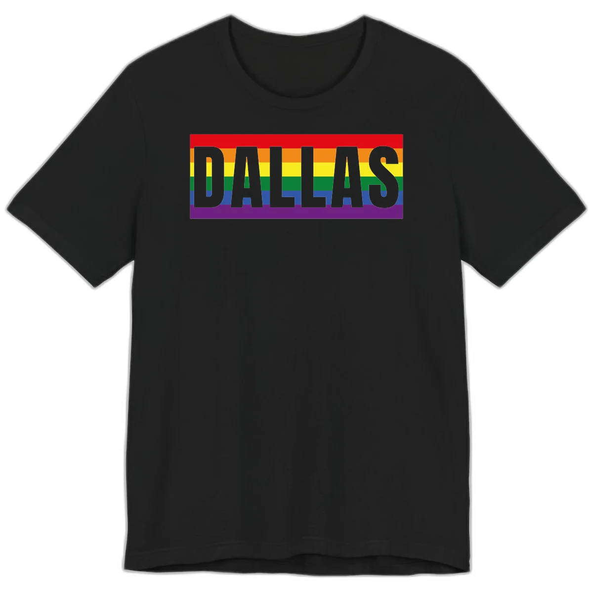 Gray DALLAS text overlaid on rainbow pride flag with red, orange, yellow, green, blue, and purple horizontal stripes in Black