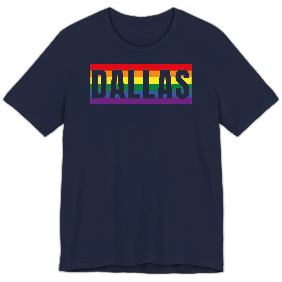 Gray DALLAS text overlaid on rainbow pride flag with red, orange, yellow, green, blue, and purple horizontal stripes in Navy