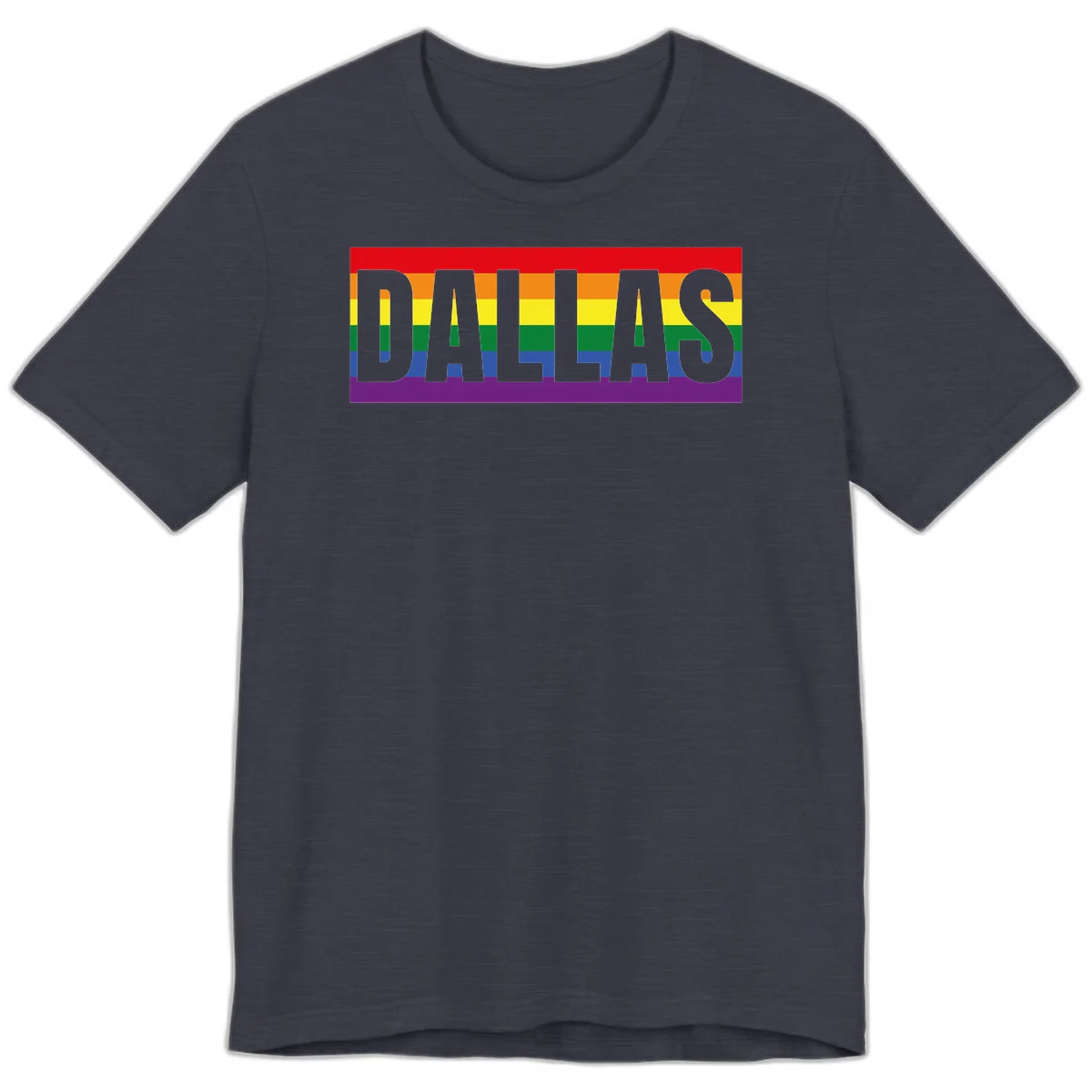 Gray DALLAS text overlaid on rainbow pride flag with red, orange, yellow, green, blue, and purple horizontal stripes in Heather Midnight Navy