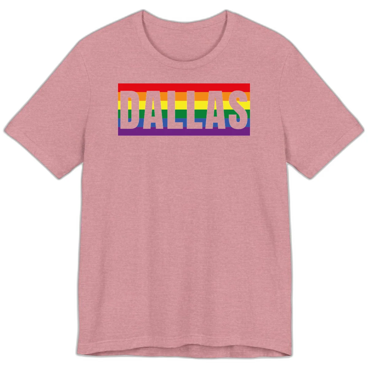Gray DALLAS text overlaid on rainbow pride flag with red, orange, yellow, green, blue, and purple horizontal stripes in Heather Orchid