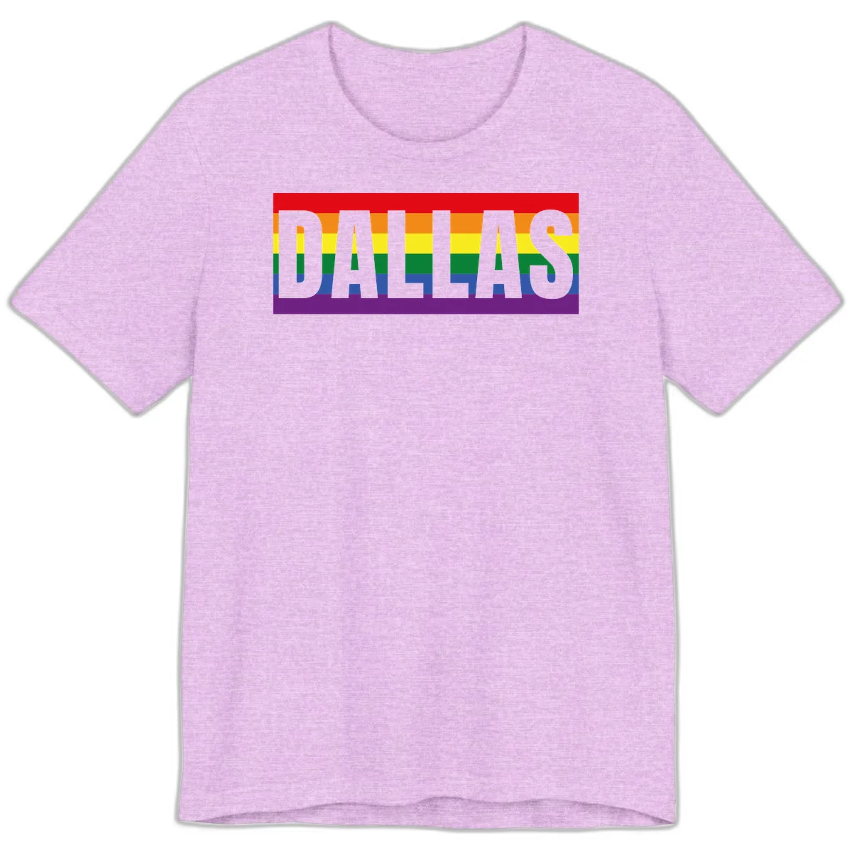 Gray DALLAS text overlaid on rainbow pride flag with red, orange, yellow, green, blue, and purple horizontal stripes in Heather Prism Lilac