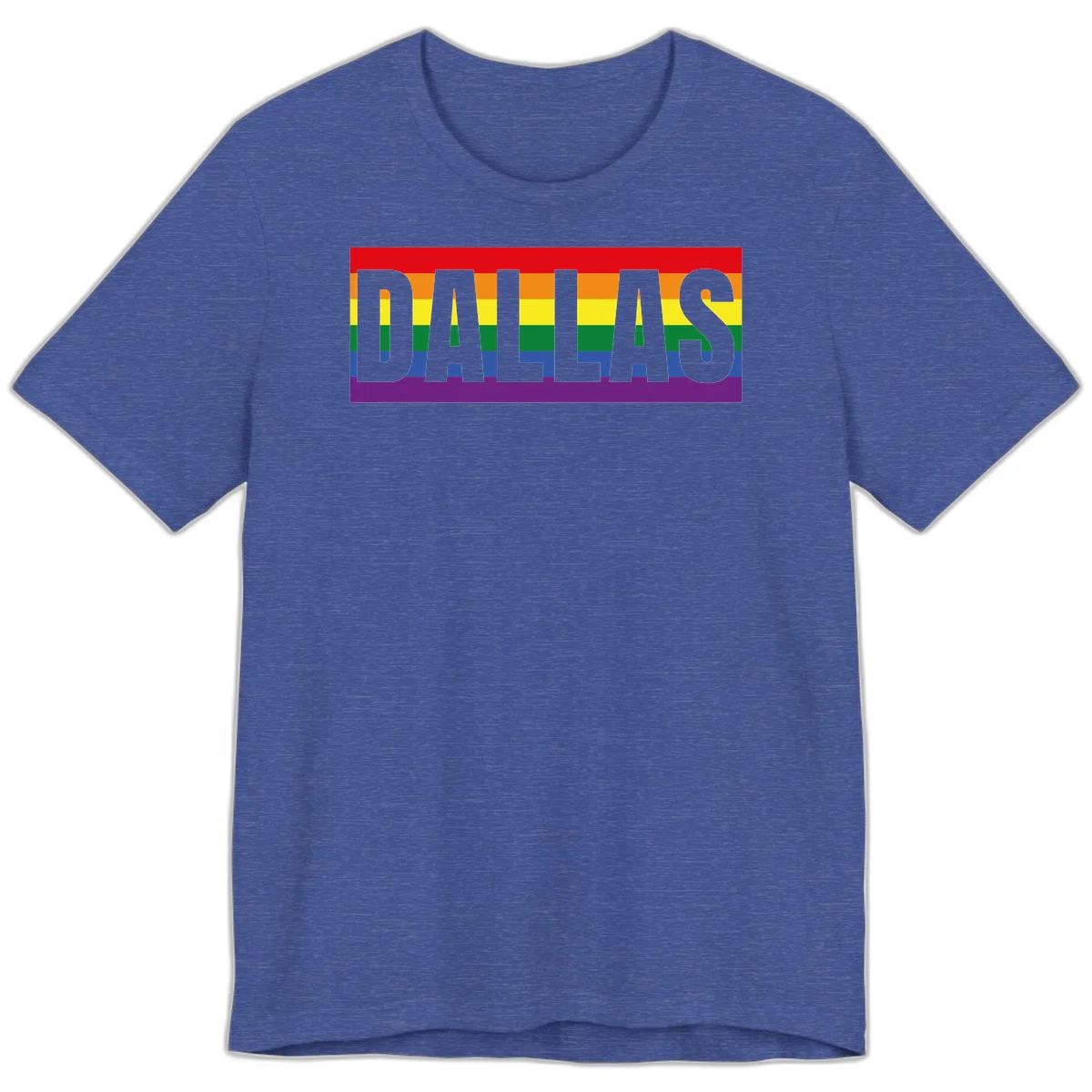 Gray DALLAS text overlaid on rainbow pride flag with red, orange, yellow, green, blue, and purple horizontal stripes in Heather True Royal