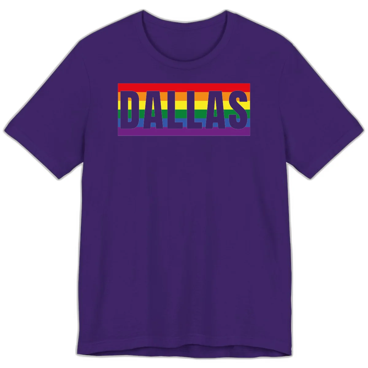 Gray DALLAS text overlaid on rainbow pride flag with red, orange, yellow, green, blue, and purple horizontal stripes in Team Purple