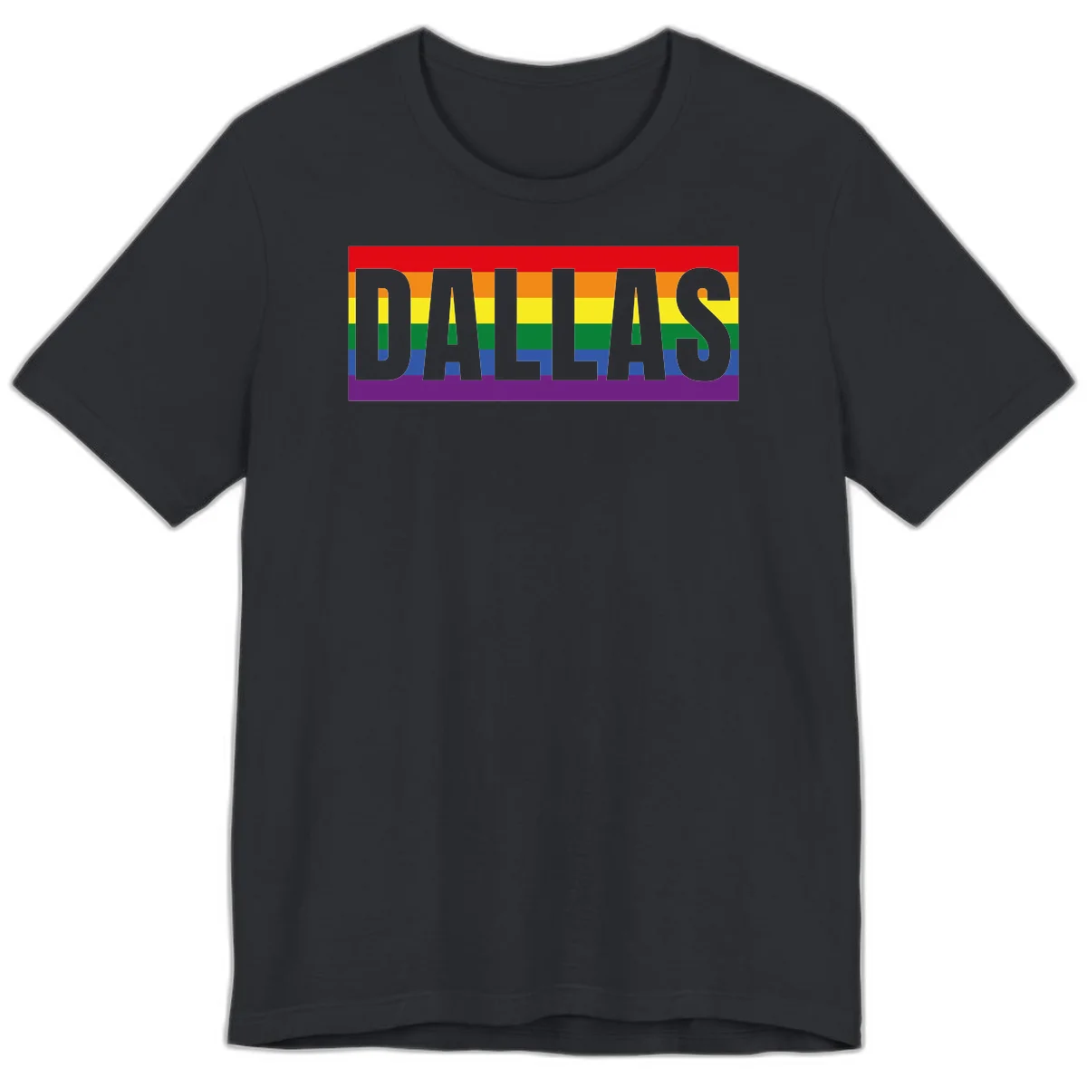 Gray DALLAS text overlaid on rainbow pride flag with red, orange, yellow, green, blue, and purple horizontal stripes in Vintage Black
