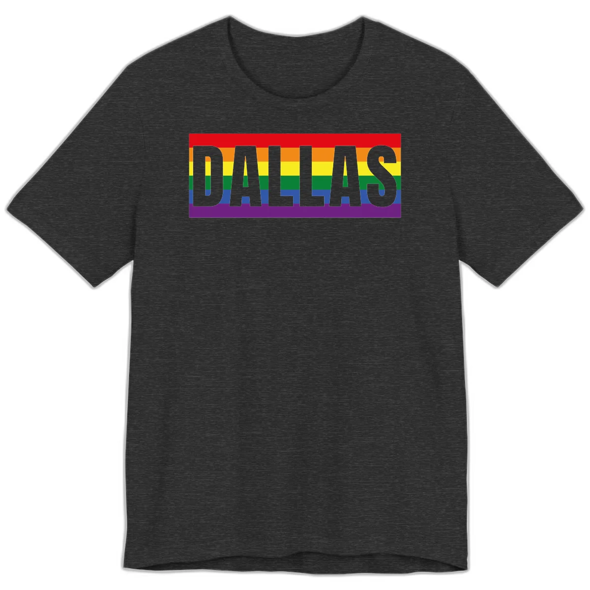 Gray DALLAS text overlaid on rainbow pride flag with red, orange, yellow, green, blue, and purple horizontal stripes in Dark Grey Heather