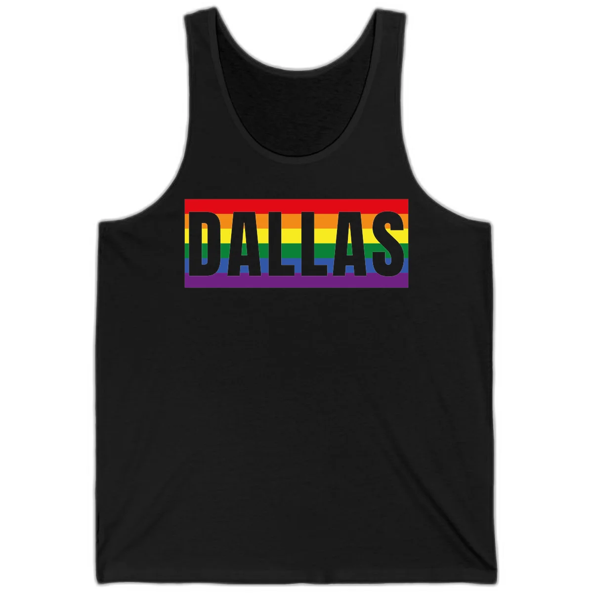 Gray DALLAS text overlaid on rainbow pride flag with red, orange, yellow, green, blue, and purple horizontal stripes in Black