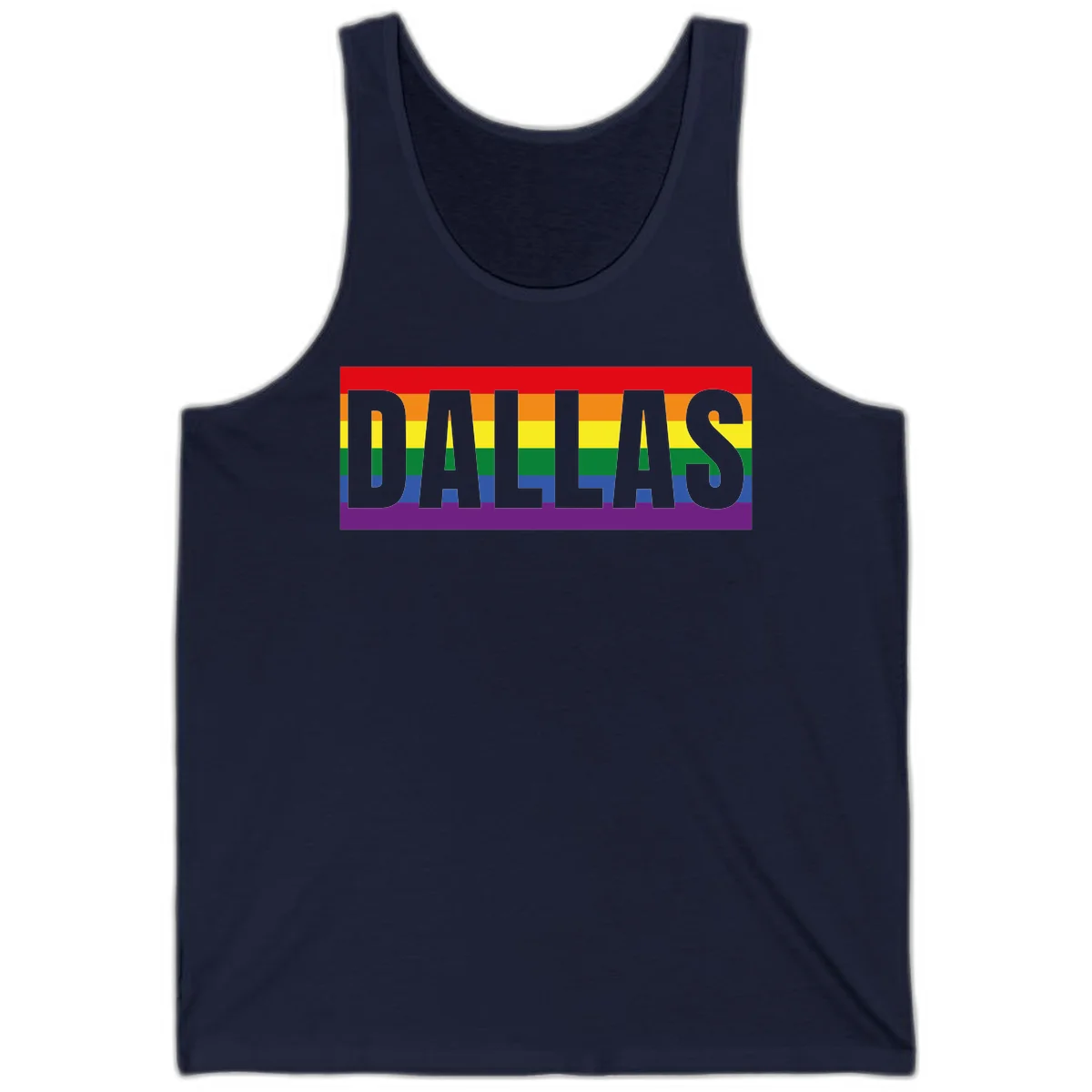 Gray DALLAS text overlaid on rainbow pride flag with red, orange, yellow, green, blue, and purple horizontal stripes in Navy