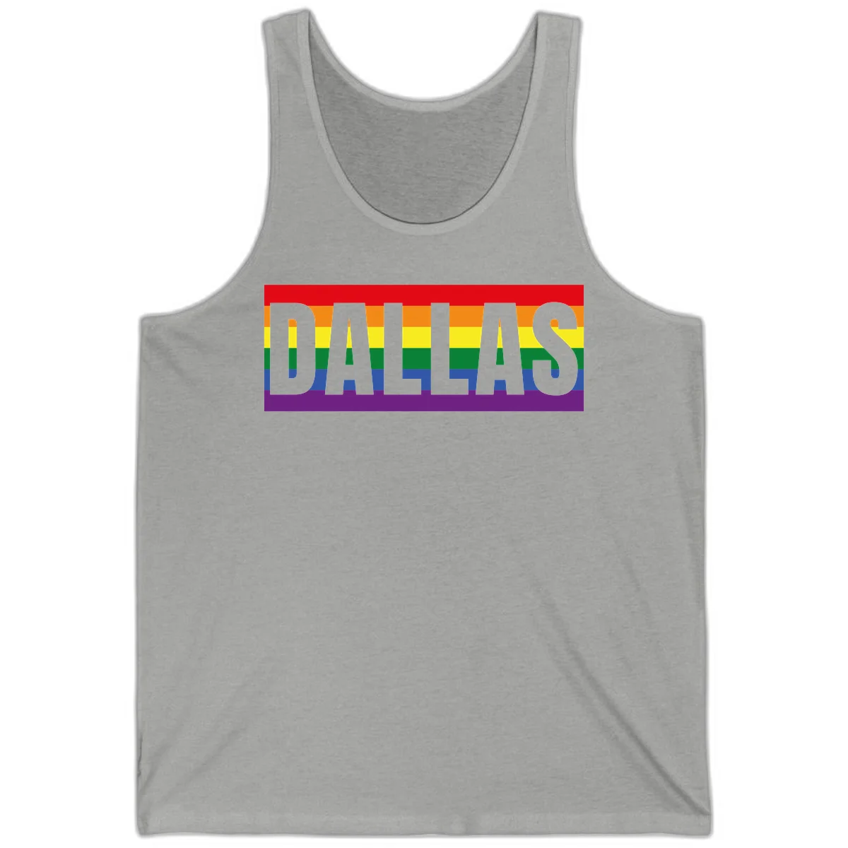 Gray DALLAS text overlaid on rainbow pride flag with red, orange, yellow, green, blue, and purple horizontal stripes in Athletic Heather