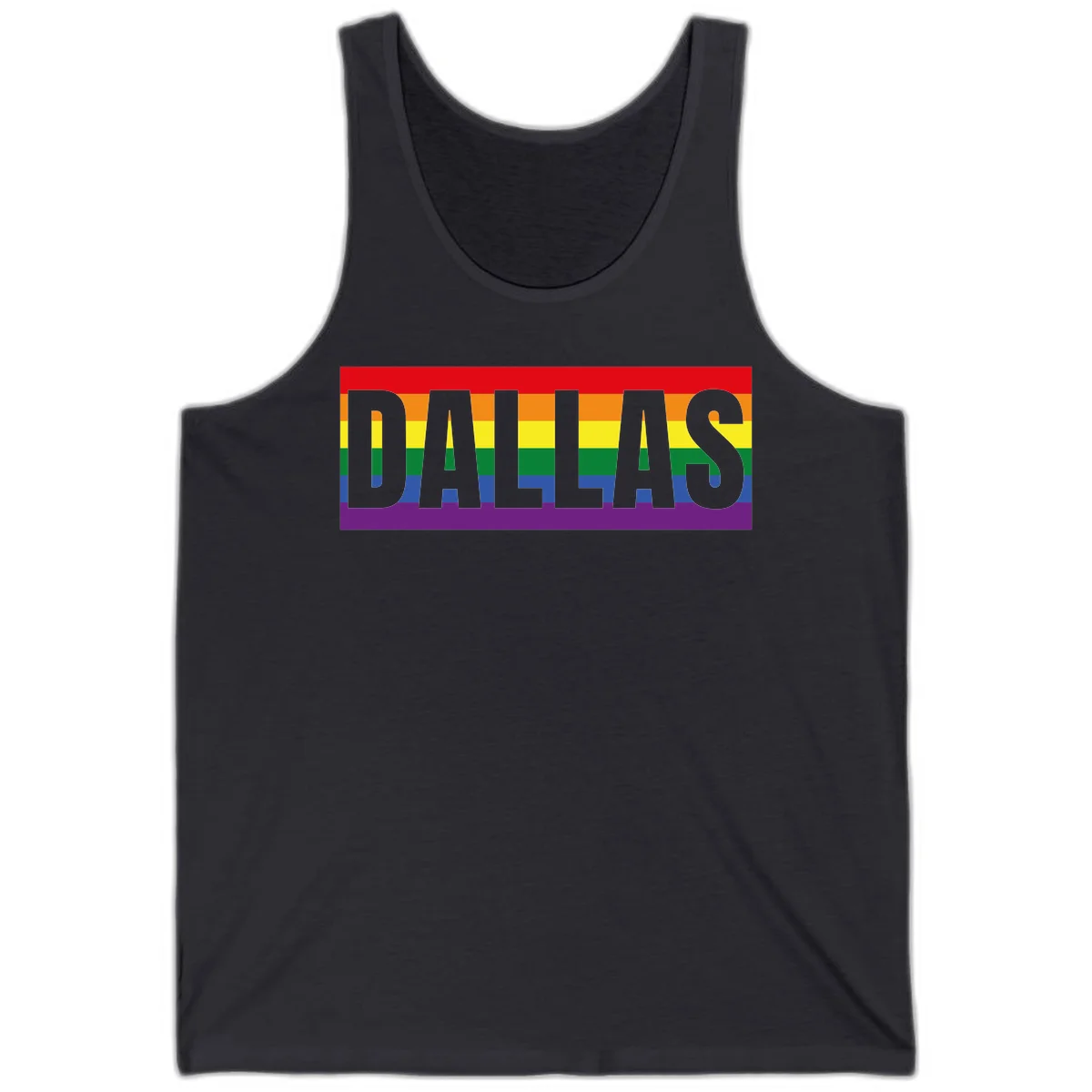 Gray DALLAS text overlaid on rainbow pride flag with red, orange, yellow, green, blue, and purple horizontal stripes in Dark Grey