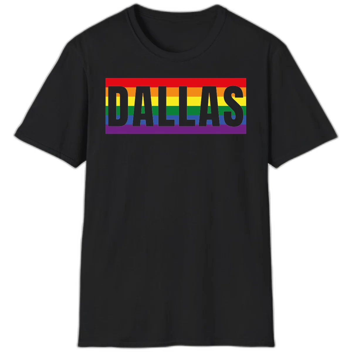 Gray DALLAS text overlaid on rainbow pride flag with red, orange, yellow, green, blue, and purple horizontal stripes in Black