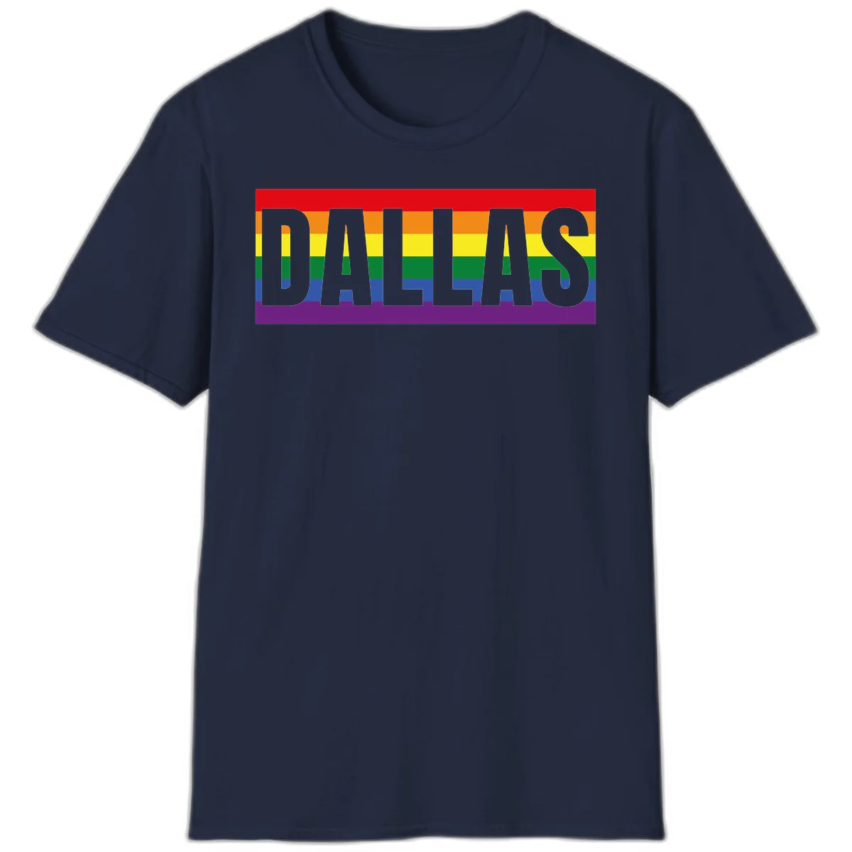 Gray DALLAS text overlaid on rainbow pride flag with red, orange, yellow, green, blue, and purple horizontal stripes in Navy