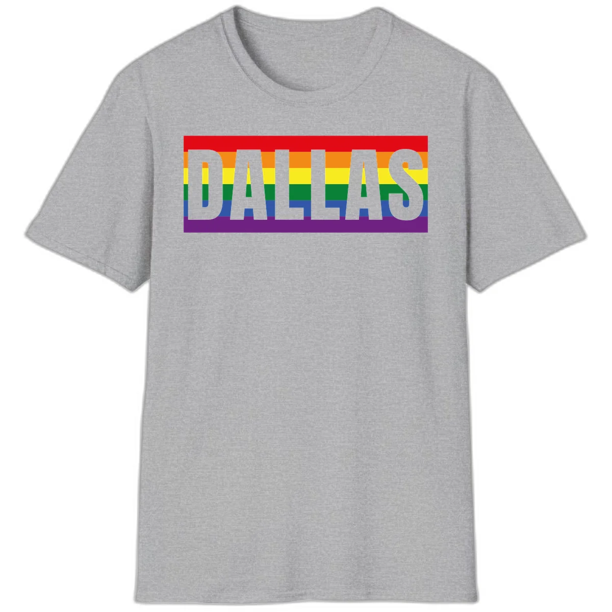 Gray DALLAS text overlaid on rainbow pride flag with red, orange, yellow, green, blue, and purple horizontal stripes in Sport Grey