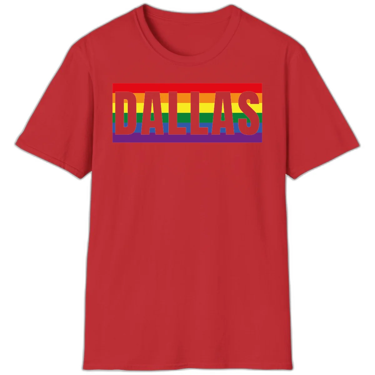 Gray DALLAS text overlaid on rainbow pride flag with red, orange, yellow, green, blue, and purple horizontal stripes in Red