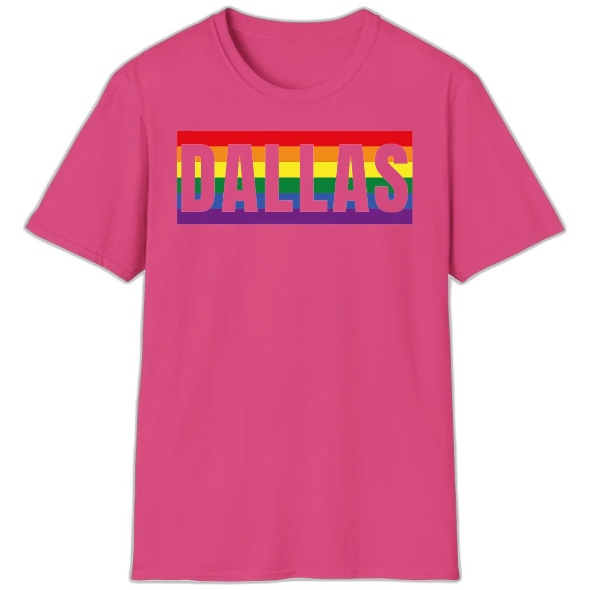 Gray DALLAS text overlaid on rainbow pride flag with red, orange, yellow, green, blue, and purple horizontal stripes in Heliconia