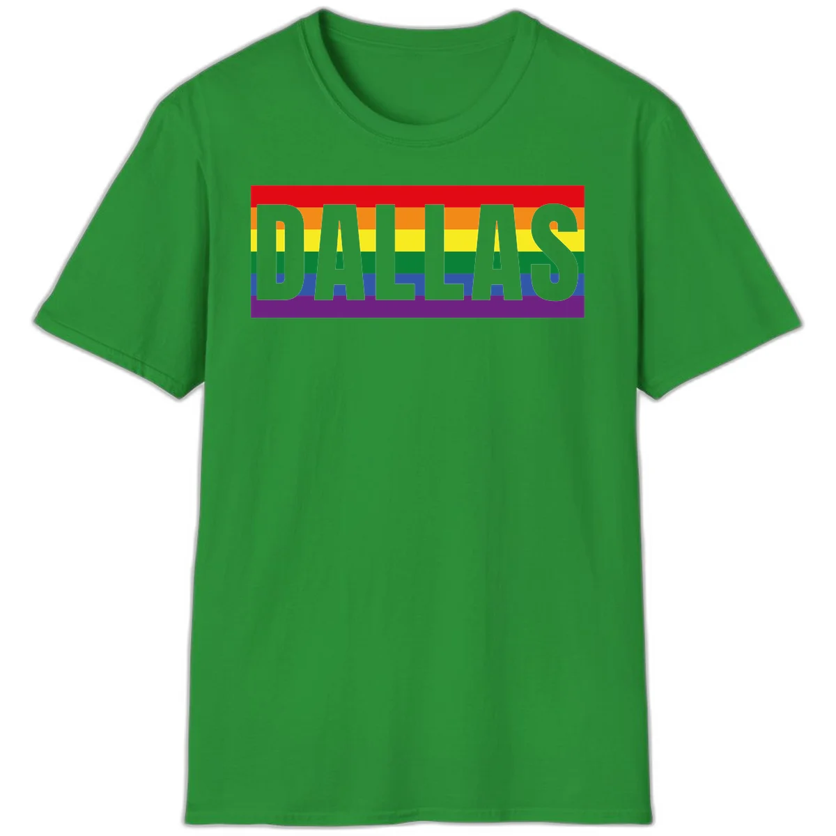 Gray DALLAS text overlaid on rainbow pride flag with red, orange, yellow, green, blue, and purple horizontal stripes in Irish Green