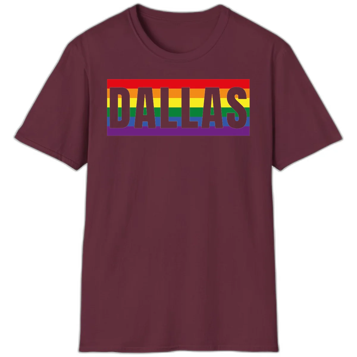 Gray DALLAS text overlaid on rainbow pride flag with red, orange, yellow, green, blue, and purple horizontal stripes in Maroon