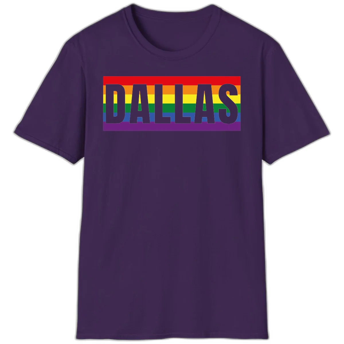 Gray DALLAS text overlaid on rainbow pride flag with red, orange, yellow, green, blue, and purple horizontal stripes in Purple