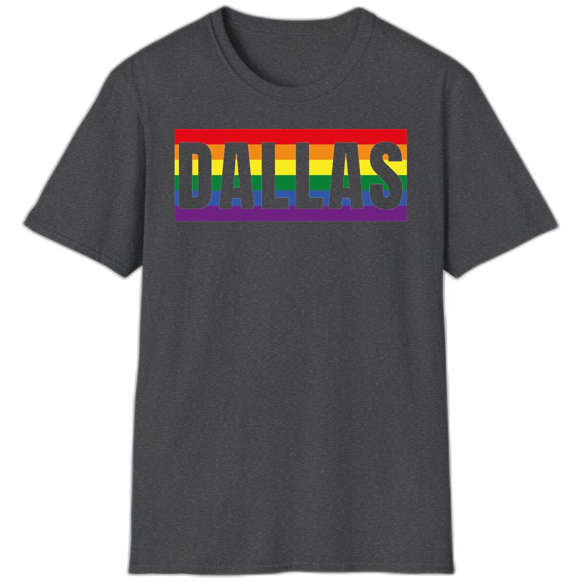 Gray DALLAS text overlaid on rainbow pride flag with red, orange, yellow, green, blue, and purple horizontal stripes in Dark Heather