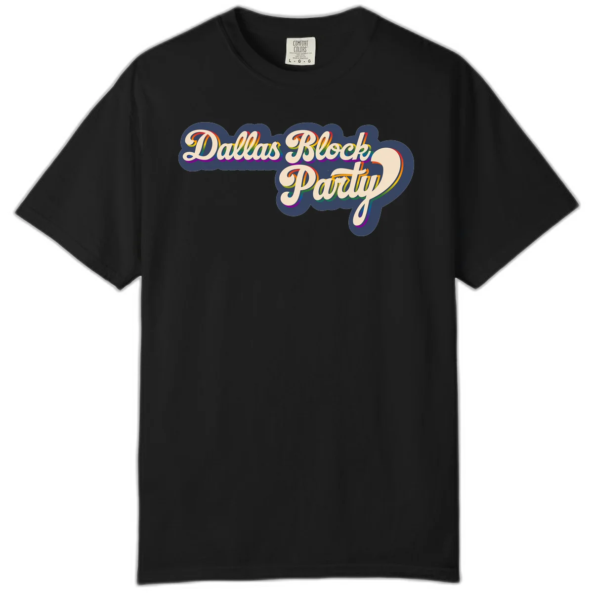 Dallas Block Party design featuring rainbow gradient lettering on navy blue cloud background with scalloped borders in Black
