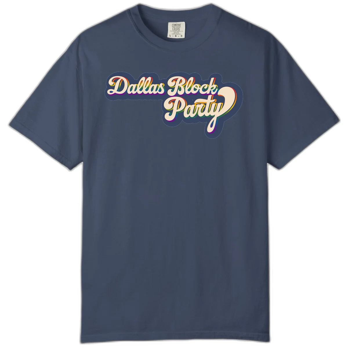 Dallas Block Party design featuring rainbow gradient lettering on navy blue cloud background with scalloped borders in Midnight