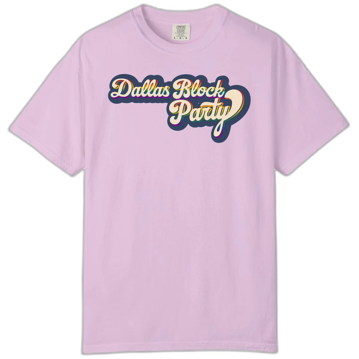 Dallas Block Party design featuring rainbow gradient lettering on navy blue cloud background with scalloped borders in Orchid