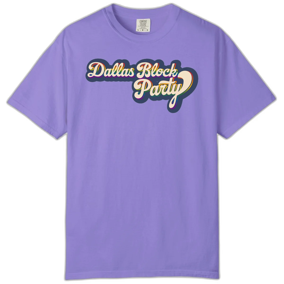 Dallas Block Party design featuring rainbow gradient lettering on navy blue cloud background with scalloped borders in Violet