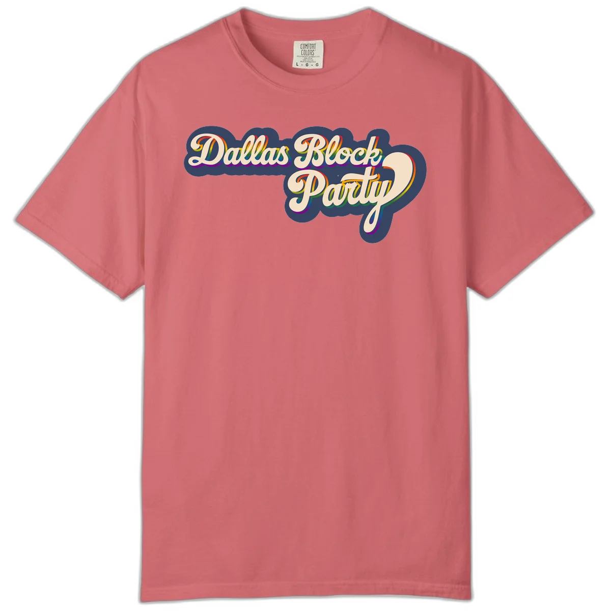 Dallas Block Party design featuring rainbow gradient lettering on navy blue cloud background with scalloped borders in Watermelon