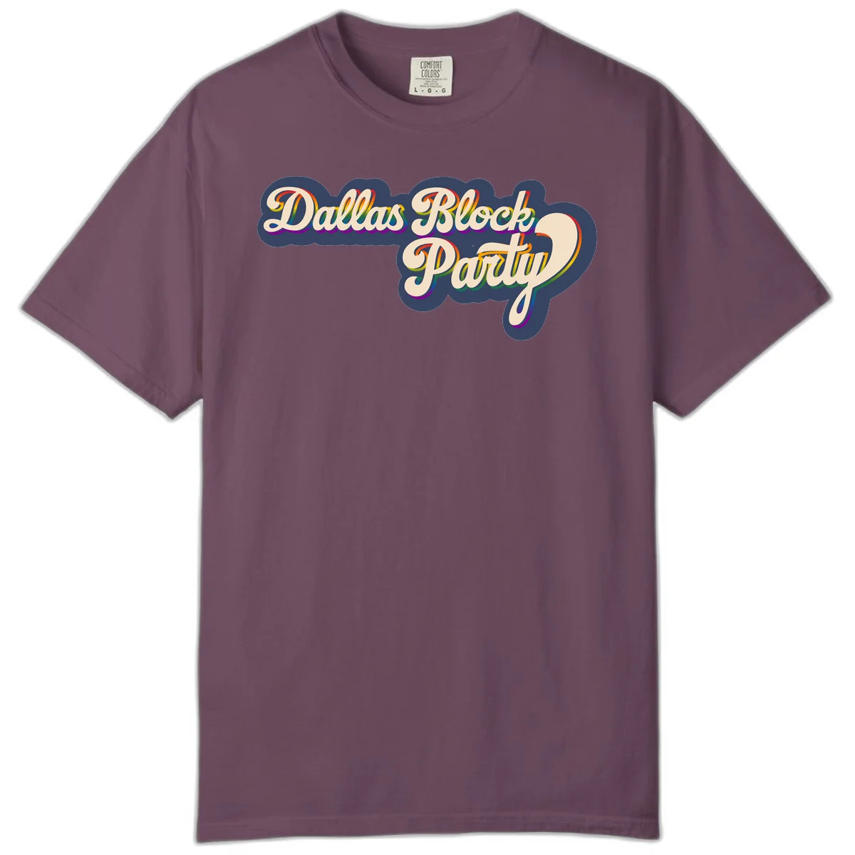 Dallas Block Party design featuring rainbow gradient lettering on navy blue cloud background with scalloped borders in Berry