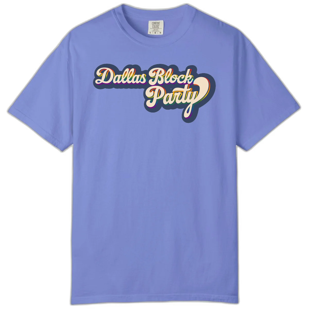 Dallas Block Party design featuring rainbow gradient lettering on navy blue cloud background with scalloped borders in Flo Blue