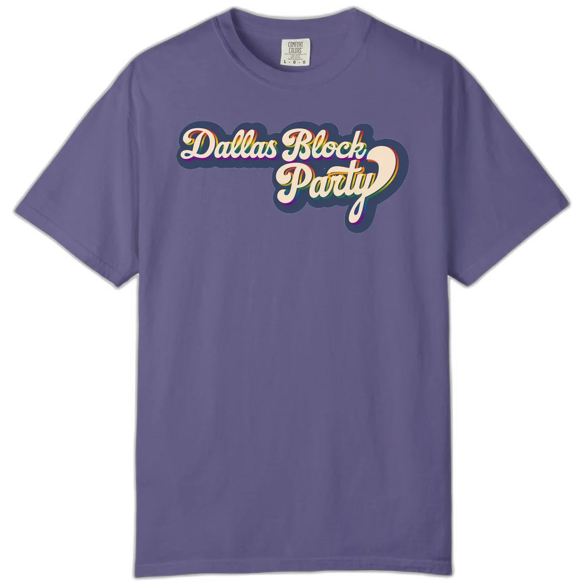 Dallas Block Party design featuring rainbow gradient lettering on navy blue cloud background with scalloped borders in Grape