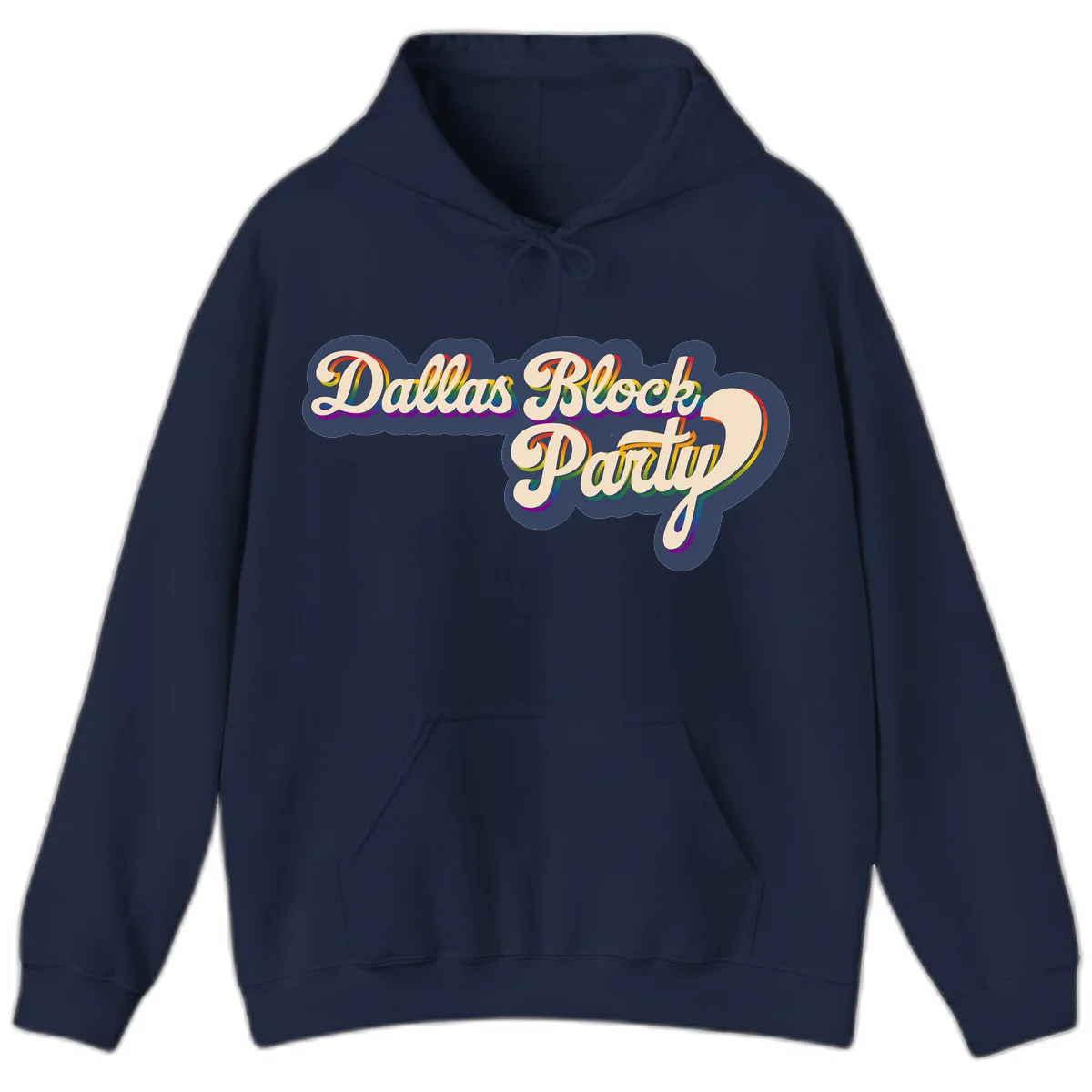 Dallas Block Party design featuring rainbow gradient lettering on navy blue cloud background with scalloped borders in Navy