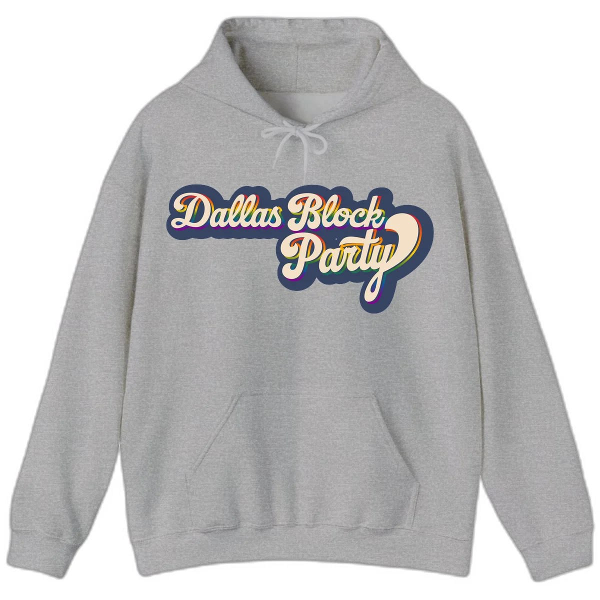 Dallas Block Party design featuring rainbow gradient lettering on navy blue cloud background with scalloped borders in Sport Grey
