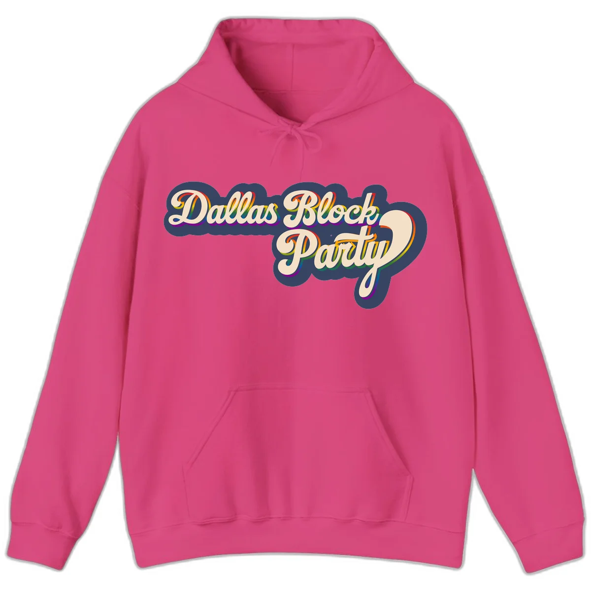 Dallas Block Party design featuring rainbow gradient lettering on navy blue cloud background with scalloped borders in Heliconia