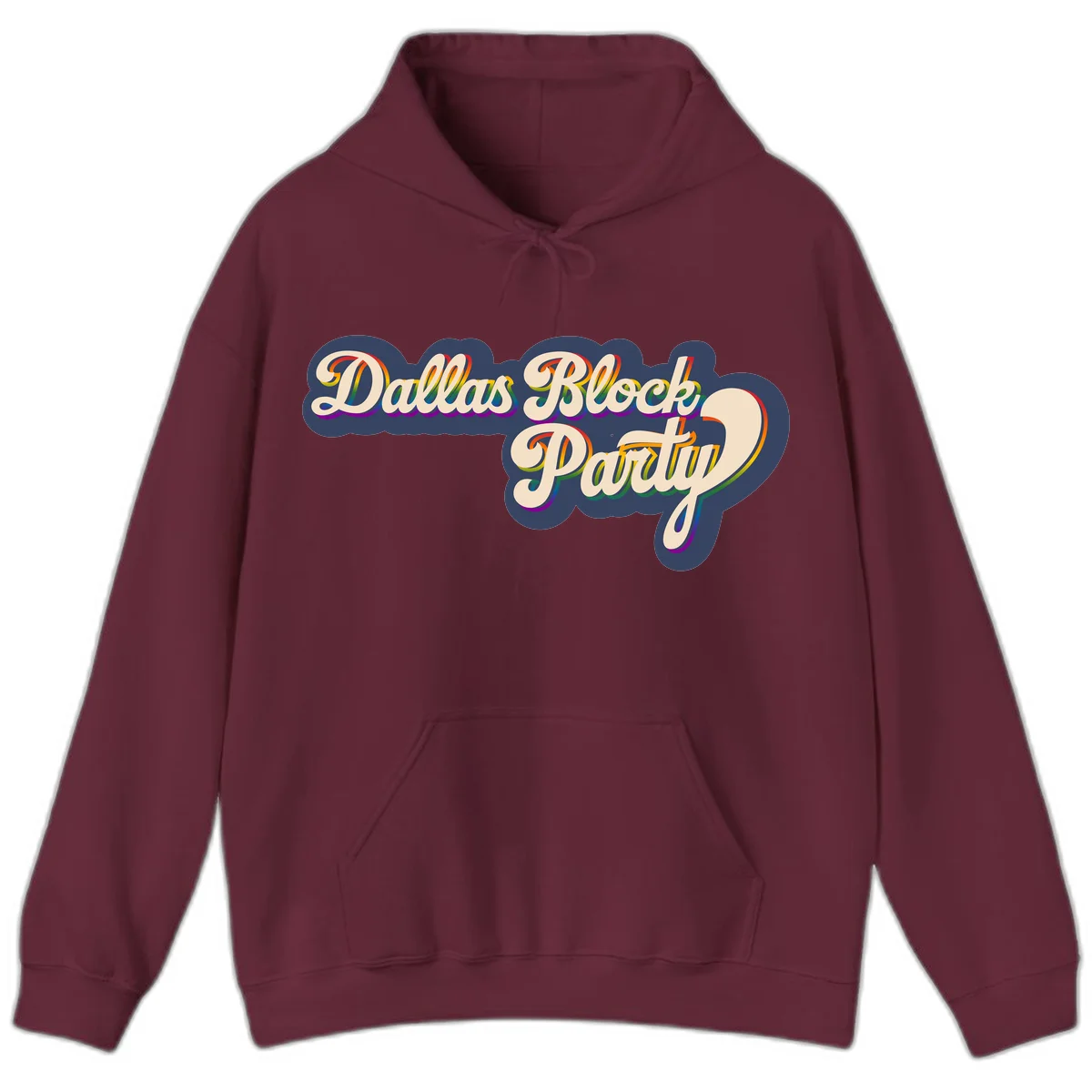 Dallas Block Party design featuring rainbow gradient lettering on navy blue cloud background with scalloped borders in Maroon